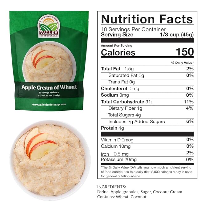 Valley Food Storage Apple Creamy Wheat | 100 Serving Emergency Breakfast Food Supply, 10-Bag Bucket | 25 Year Shelf Life | Survival Meals for Long Term Food Storage, Camping & Prepper Supplies