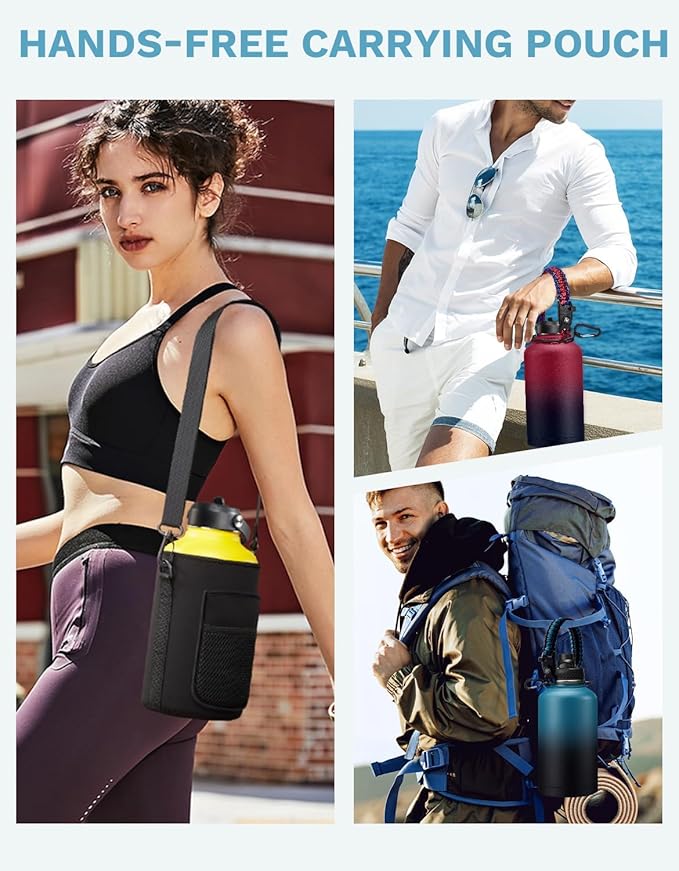 64 OZ Insulated Water Bottles with Straw & Spout Lids, Waterbottle Carrier with Strap, Protective Boot & Paracord Handle, Half Gallon Water Bottle 64oz Stainless Steel Water Canteen for Sports Gym
