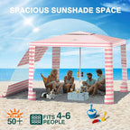 Rhino Valley Beach Cabana, 8 * 8FT Beach Tent UPF50+ Protection, Easy Setup Beach Canopy Wind Resistant with Cup Holder, Compact Beach Shade Foldable Beach Tent Sun Shelter, Pink & White Stripes