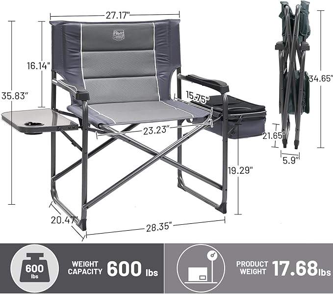Timber Ridge XXL Oversized Directors Chair 600lbs - Heavy Duty Camping Chair with Cooler Bag & Table, Portable Folding Chair with Wide Seat for Tailgating, Patio, Outdoor - Grey