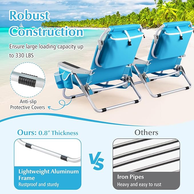 GYMAX Beach Chair, 330lbs Backpack Lounger with 5-Position Backrest, Storage Bag, Side Pocket, Towel Bar & Headrest, Foldable Low Beach Lounge, Portable Aluminum Lay Out Camp Chair (1, Light Blue)