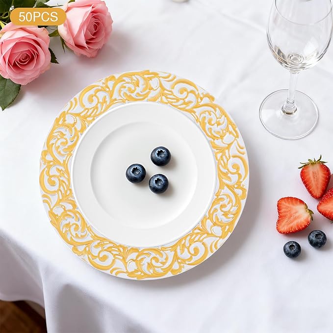 50 Pcs White and Gold Charger Plates Bulk, 13" Round Dinner Charger Plates with Gold Flora Embossed, Decorative Table Plastic Chargers for Christmas, Wedding, Party, Event Decorations