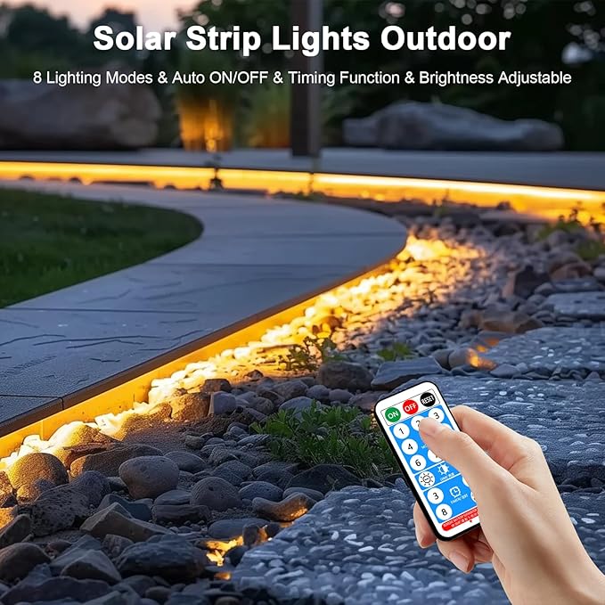 60ft Total (3x20ft) - 3 Pack Solar Light Strip Outdoor Waterproof, 8 Mode with Remote Timer and Auto On/Off, Self-Adhesive, Perfect for Yard, Garden, Porch and Sidewalk Decor, Warm White