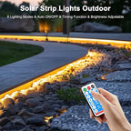 Solar Led Strip Lights Outdoor, 20ft Solar Rope Lights Self-Adhesive Waterproof, 8 Mode with Remote Timer and Auto On/Off, Perfect for Deck, Patio, Poolside, Camping Decor, Warm White