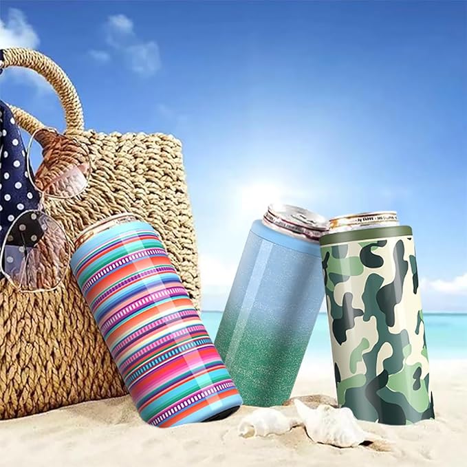 TILUCK Skinny Can Cooler for Slim Beer & Hard Seltzer, Stainless Steel, Doucle-Walled Stainless Steel Insulated Slim Cans, Standard 12 oz (Colorful Stripes)