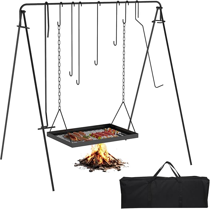 Campfire Swing Grill with Adjustable Grill Cooking Rack,Camp Fire Cooking Equipment Comes With 8 Hooks, Accessories and handbag,Portable Dutch Oven Hanger for Camping, Hiking, Cookware, Bonfire