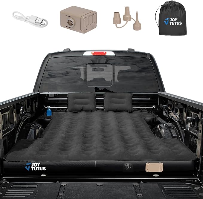 JOYTUTUS 6.4-6.7Ft Truck Bed Air Mattress with Built-in Air Pump, Inflatable Mattress Full Size Regular Beds for Outdoor Camping,with Carry Bag&Cup Holder,Black