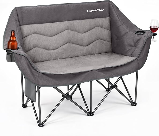 Double Camping Chair for Adults - Heavy Duty Folding Loveseat Support 700 lbs, 2 Person Padded Camping Couch Portable with Cup Holders & Storage Bag for Camping, Lawn, Sports, Grey