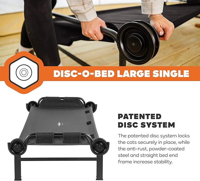 Disc-O-Bed Large Outdoor Modular 1 Person Single Camping Cot Portable Bed for Adults, Sleep Solution for Tents, Black