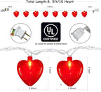 8.5Ft Red Heart Fairy String Lights, Valentine's Day Decor Lights with 10 Red 3D Heart Lights, Connectable Valentine's Day Love Heart Light for Indoor Outdoor Home Wedding Anniversary Party Decoration