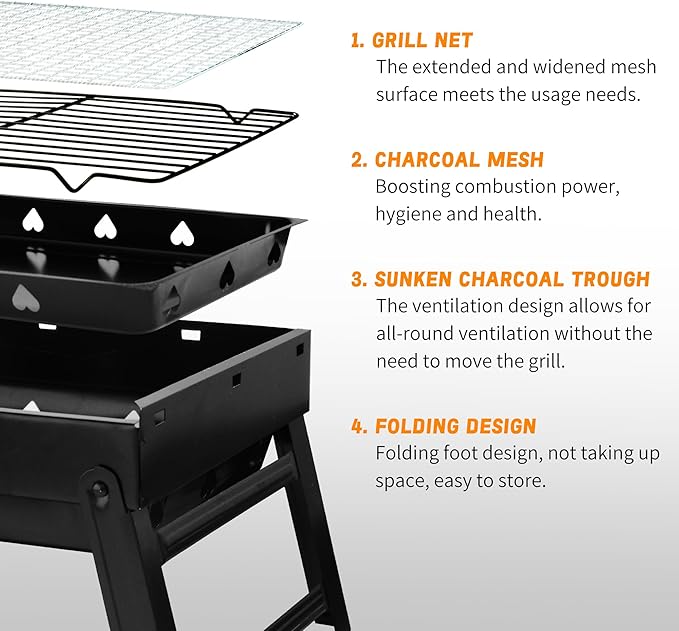 17" Portable Charcoal Grill, Folding Portable BBQ Charcoal Grills, Tabletop Mini Smoker, Small BBQ Grill, for Backyard, Outdoor Cooking, Camping, Travel, Beach
