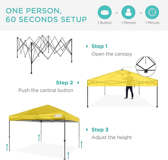 Best Choice Products 8x8ft Pop Up Canopy Tent, Outdoor Shade, 1 Person 1 Minute Set Up, Carry Case, 4 Weight Bags - Yellow