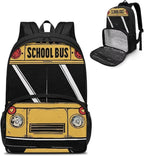 School Bus 17 Inch Kids Casual Backpacks with Insulated Cooler Lunch Compartment Lightweight Elementary Students Knapsack Primary Middle High School Bookbag