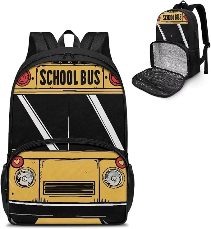 School Bus 17 Inch Kids Casual Backpacks with Insulated Cooler Lunch Compartment Lightweight Elementary Students Knapsack Primary Middle High School Bookbag