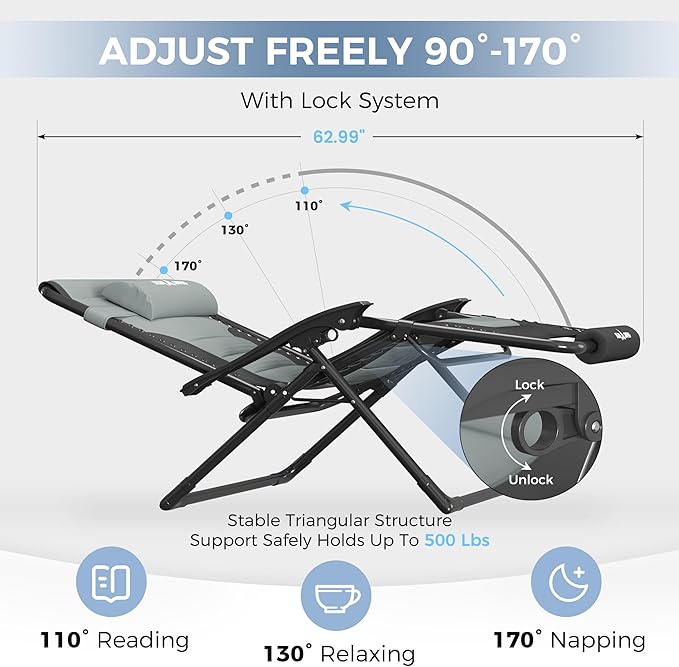 UDPATIO Oversized Zero Gravity Chair, Patio Recliner, Folding Adjustable Outdoor Lounge Chair with Cup Holder, Foot Pad & Padded Headrest, Supports 500lbs (1, Black/Gray, 29in)