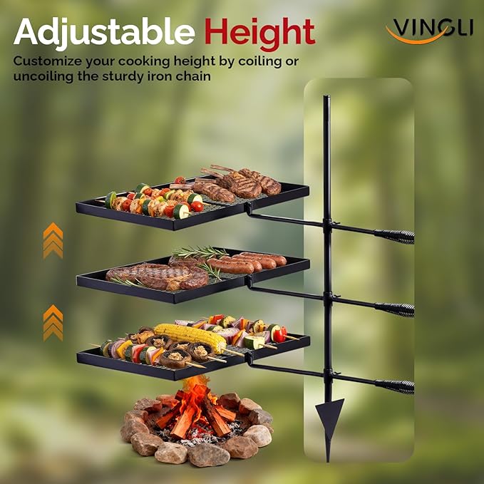 VINGLI Swivel Camping Firepit Grill, Foldable Campfire Steel Grate w/Griddles & Storage Bag, 360° Adjustable, Open Fire Outdoor Cooking Equipment, Parties, Activities, Families Use 31'' x 17'' x 32''