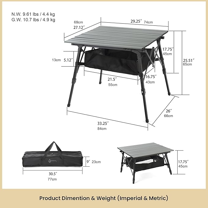 ARROWHEAD OUTDOOR 39" Aluminum Folding Camp Roll Up Table w/Adjustable Height, Undertable Mesh Storage, Carry Bag