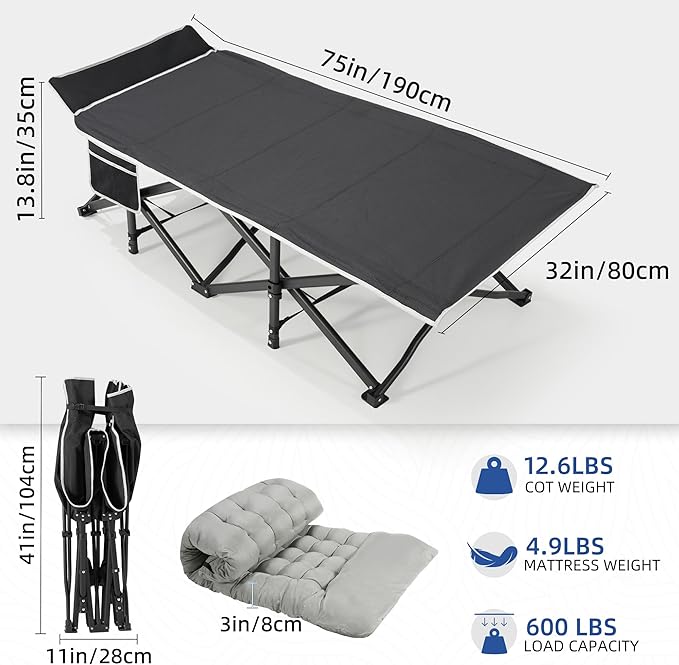HABUTWAY Camping Cot with Mattress, 32" Extra Wide Camping Cots for Adults, Sleeping Cot for Adults Holds Up to 601LBS, Cots for Sleeping, Camp, Rv, Beach, Patio, Office Naps, 2PCS (Grey)