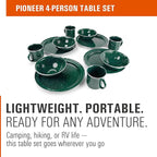 GSI Outdoors Pioneer Enamel 12 Pieces (4-Person) Dish Set I Enamelware Dishes Including Plates, Bowls and Mugs for Camping, Outdoors, RV, Camp, Green