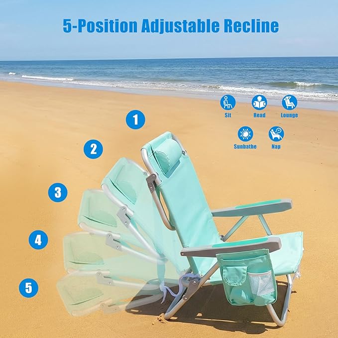 SUNNYFEEL Beach Chairs for Adults 2 Pack 5 Position Lay Flat, Portable Folding Backpack Beach Chair Heavy Duty with Cooler Bag, Cup Holder for Outdoor/Lawn/Picnic/Sand, Foldable Camping Chair