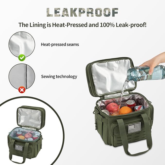 QT&QY Tactical Lunch Box for Men Expandable 18L Heavy Duty Military Insulated Cooler Bag, Leakproof Thermal Lunch Bag for Work Camping Outdoor Picnic Pail Adult Meal MOLLE Webbing Green