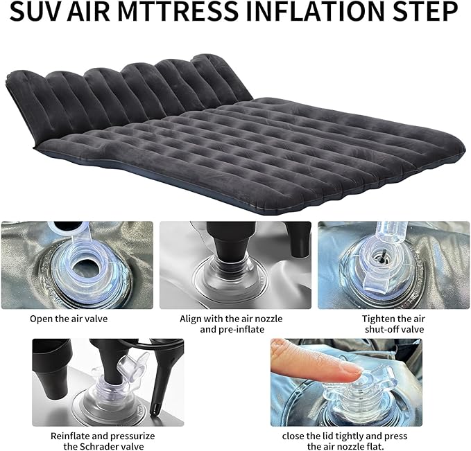 Car Air Mattress, Inflatable SUV Truck Camping Mattress for Back Seat, Thickened Travel Car Bed Sleeping Pad with Air Pump 2 Pillows (SUV-Black, SUV Air Mattress)