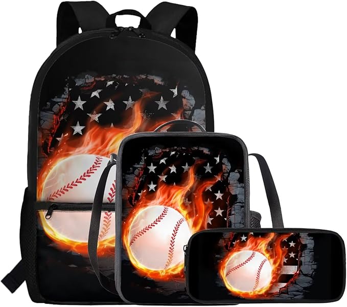 Rnyleeg Fire Baseball Backpack for Boys 6-8 Novelty Kids Bookbag Set with Lunch Bag Lightweight 3-Piece Book Bag Set for Elementary School Travel Backpack