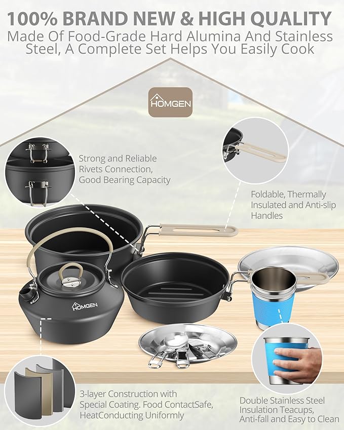 HOMGEN Ultralight Anodized Aluminum Camping Cookware Set for 2 People - Nesting Non Stick Pot/Pan with Foldable Handles Insulated Teapot & Stainless Cups - Compact Backpacking Gear for Camping/Hiking