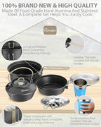 HOMGEN Ultralight Anodized Aluminum Camping Cookware Set for 2 People - Nesting Non Stick Pot/Pan with Foldable Handles Insulated Teapot & Stainless Cups - Compact Backpacking Gear for Camping/Hiking