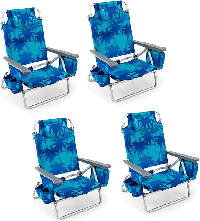 Giantex Folding Beach Chair, Patio Sling Chairs with 5 Adjustable Position, Head Pillow, Storage Bag, Towel Bar, Cup Holders, Backpack Chairs for Sunbathing, Camping Chair