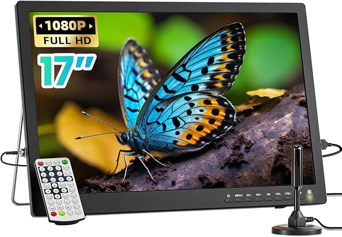 NORTHING 1080P 12 Volt Portable TV with Antenna/USB/HDMI/AV, for Camping Home Kitchen Power Outage, Sleep Timer (Inches, 17)