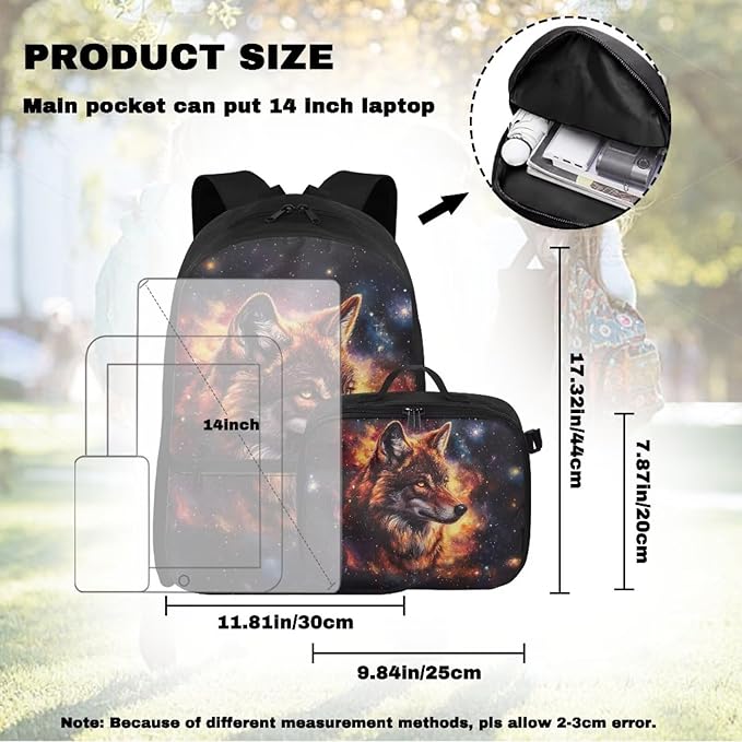 Universe Backpack for Men Wolf Versatile Bookbag for Teen Boys Large Capacity School Bag with Detachable Lunch Bag for Outdoor Travel Hiking