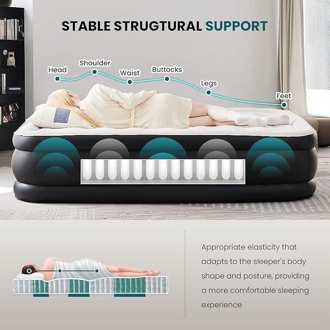 DUMOS Queen Air Mattress - 22" Inflatable Blow Up Airbed with Built-in High Capacity Pump, Double Height, Non-Slip Bottom Design, Weight Capacity 660 lbs Air Bed for Home or Camping