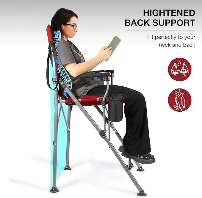 Extra Tall Folding Chairs for Adults 2 Pack, Portable Bar Height Foldable Director Chairs for Camping Outside, Comfortable with Makeup PocketHigh Back and Footrest, Black and Red