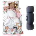 Custom Toddler Nap Mat for Preschool, Personalized Name Kids Sleeping Bag with Animals Parrern for Daycare, Roll Up Sleeping Mat with Removable Pillow and Soft Dot Minky Blanke for Girls Camping