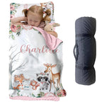 Custom Toddler Nap Mat for Preschool, Personalized Name Kids Sleeping Bag with Animals Parrern for Daycare, Roll Up Sleeping Mat with Removable Pillow and Soft Dot Minky Blanke for Girls Camping
