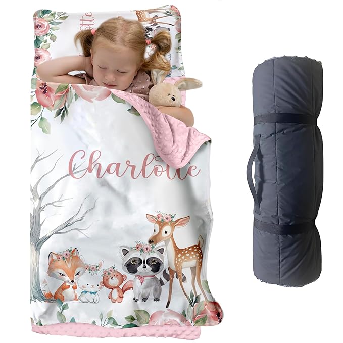 Custom Toddler Nap Mat for Preschool, Personalized Name Kids Sleeping Bag with Animals Parrern for Daycare, Roll Up Sleeping Mat with Removable Pillow and Soft Dot Minky Blanke for Girls Camping