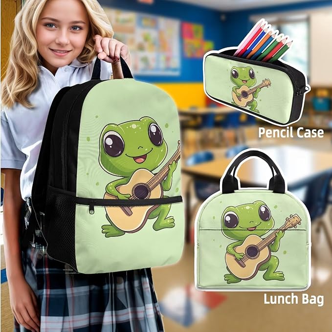 Frog Backpack Set for School with Lunch Box and Water Bottle Bag Kids Travel Backpack Boys Kindergarten Elementary Middle Lightweight Camping Travel Mochilas Escolares Para Niños
