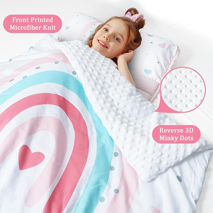 PHF Toddler Nap Mat with Removable Pillow and Minky Fleece Blanket, Rollup Design Warm Slumber Bags for Girls, 52"x20"x2" Kids Sleeping Bag for Daycare Preschool Travel Camping, Rainbow