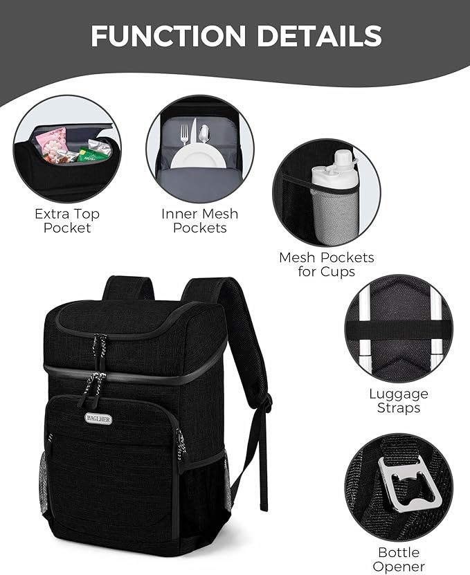 BAGLHER Lightweight Insulated Cooler Backpack - 30 Cans, Leak-Proof for Lunch, Picnic, Hiking, Camping Trips