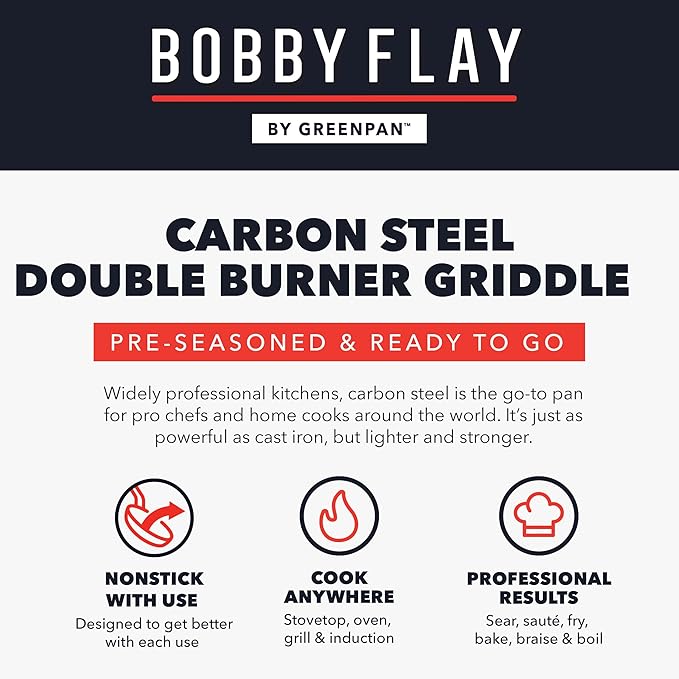 GreenPan x Bobby Flay 18" x 11" Carbon Steel Double Burner Pan, Pre-Seasoned Ready to Use, Induction Compatible, High Heat & Oven Safe Durable Cookware, Cast Iron Alternative