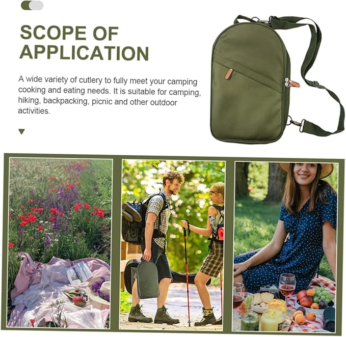 Portable Camping Cutlery Kit with Storage Bag Outdoor Picnic Tableware Set in Olive Green Wear-Resistant Utensils for Hiking Barbecue Garden and Travel Use