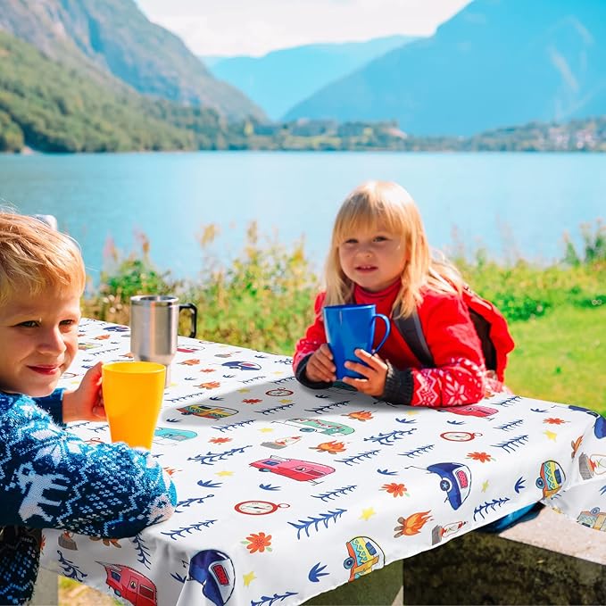 Tudomro Camping Tablecloth with Picnic Bench Covers, Picnic Table Cover Fits 4ft to 7ft Picnic Tables, Washable Reusable Polyester Table Cloth for Camping Included Storage Bag and Clip (Cute Style)
