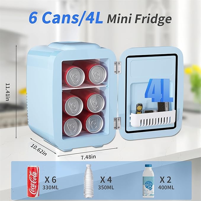 Mini Fridge, 4 Liter/6 Can Mini Makeup Fridge, 110V AC/ 12V DC Portable Thermoelectric Cooler&Warmer for Skincare, Drink, Cosmetic, Medicine, Small fridge for Bedroom, Office, Dorm, Car, Blue