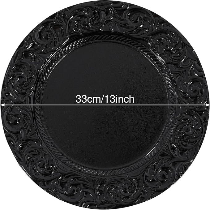 50 Pcs Black Charger Plates Bulk, 13" Round Dinner Charger Plates, Decorative Plastic Embossed Table Chargers for Wedding Holiday Party Baby Shower Event Decoration (Black)
