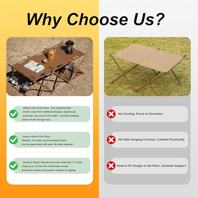 Folding Camping Table Portable Multi-Functional 4-Tier Picnic Rack Carbon Steel 37" with Storage Bag and 4 Hooks Indoor Outdoor, Heavy Duty, Portable, for Picnic, Party, Camping