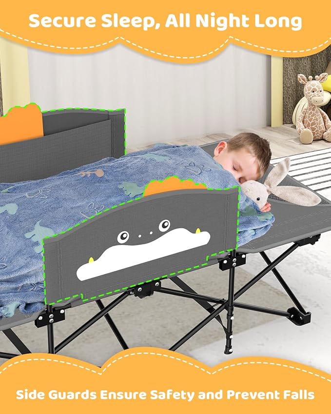 ZENPETIO Kids Camping Cot, Foldable Toddler Bed with Safety Rails & Glow-in-The-Dark Blanket, Sturdy Portable Design for Travel, Indoor Outdoor Cot for Toddlers Kids