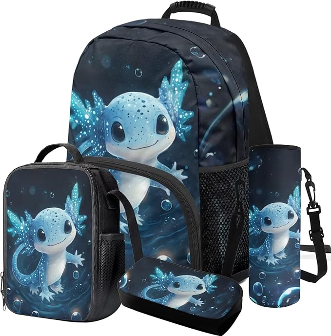 Axolotl Backpack and Lunch Box Blue Bookbag Lightweight Casual Bookbag and Lunch Box Set for Boys 4 Pcs Boys School Backpack 10-12 Years Old for Daypack Hiking Outdoor Travel