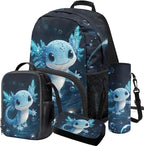 Axolotl Backpack and Lunch Box Blue Bookbag Lightweight Casual Bookbag and Lunch Box Set for Boys 4 Pcs Boys School Backpack 10-12 Years Old for Daypack Hiking Outdoor Travel