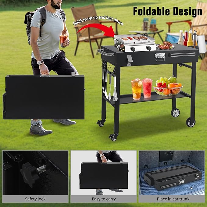 BBQ Cart for Blackstone Griddle 22 & 17 Inch | Portable Rolling Prep Table with Storage Shelf & Lockable Wheels for Outdoor Cooking & Camping